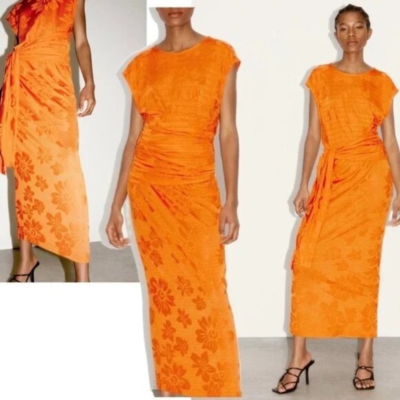 Zara Dresses & Skirts - Zara orange jacquard tie front short sleeve long maxi dress Sz Small